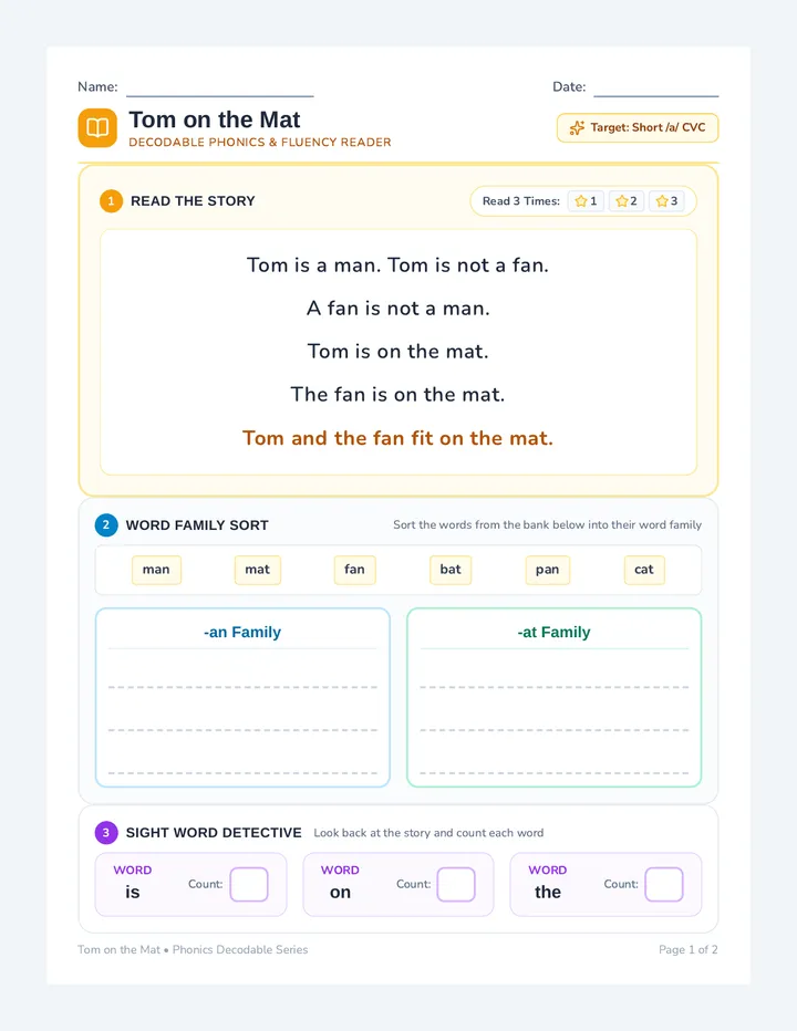 Tom on the Mat Worksheet