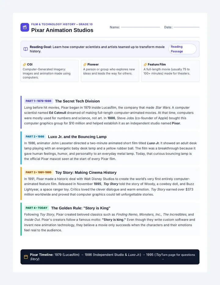 Pixar Animation Reading Worksheet