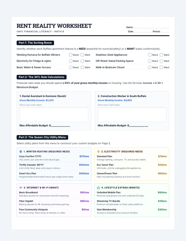 Rent Reality Worksheet