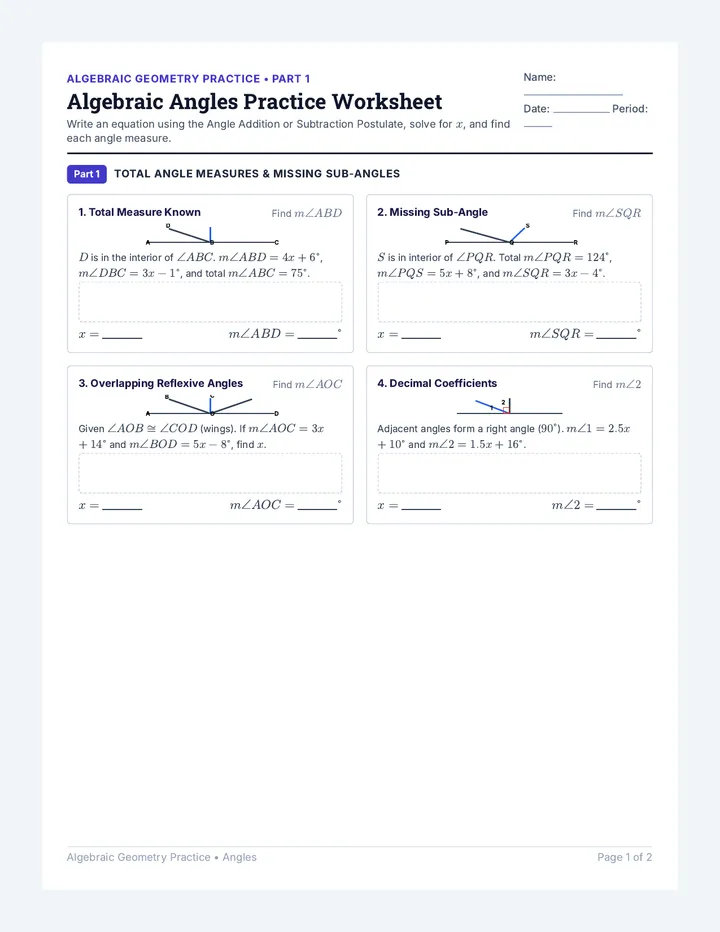 Algebraic Angles Practice Worksheet