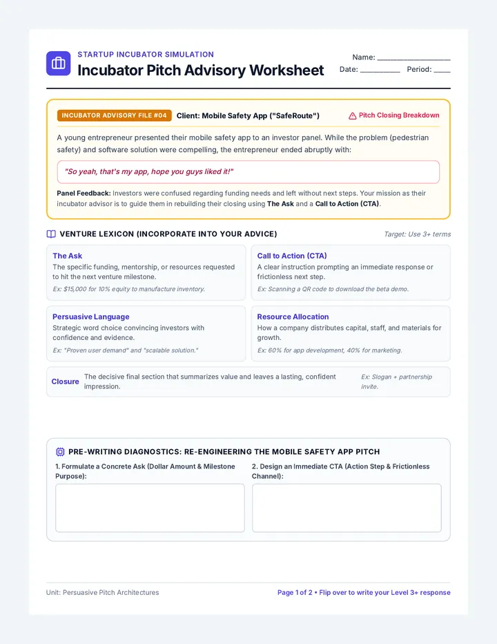 Incubator Pitch Advisory Worksheet