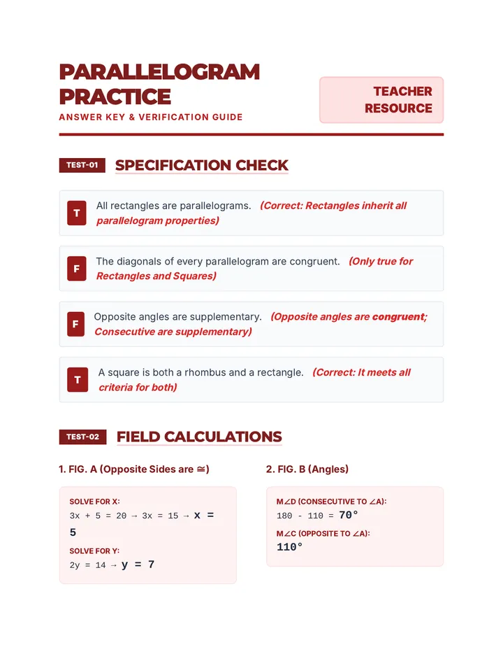 Parallelogram Practice Answer Key