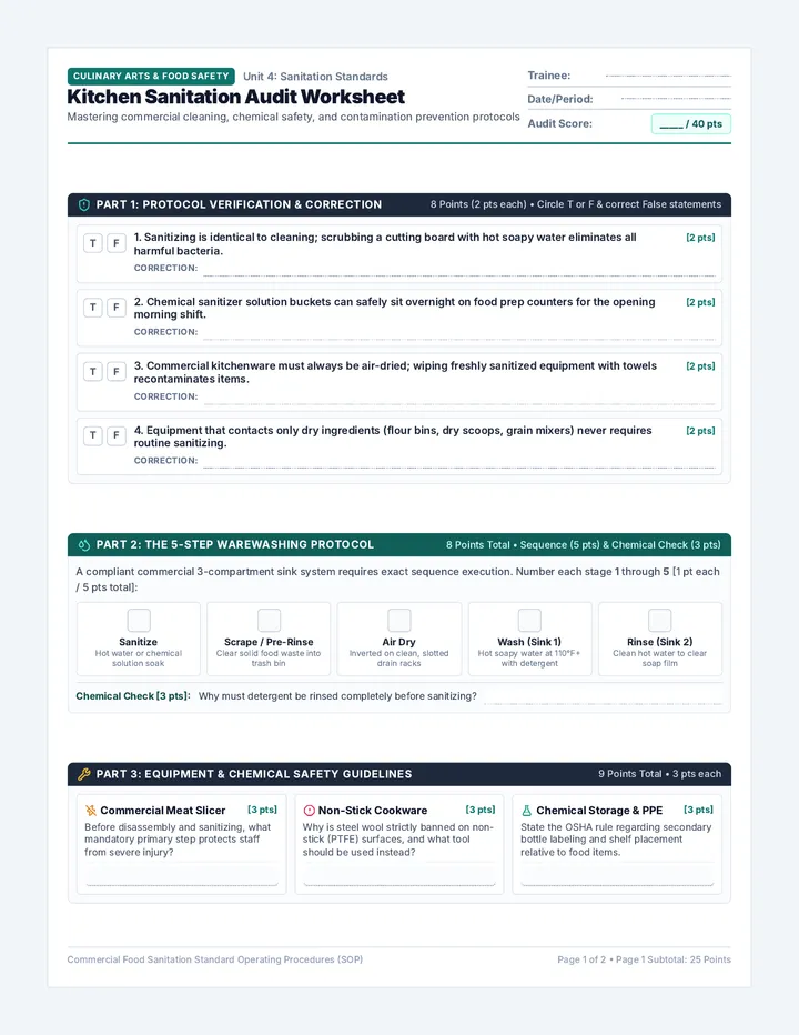 Kitchen Sanitation Audit Worksheet
