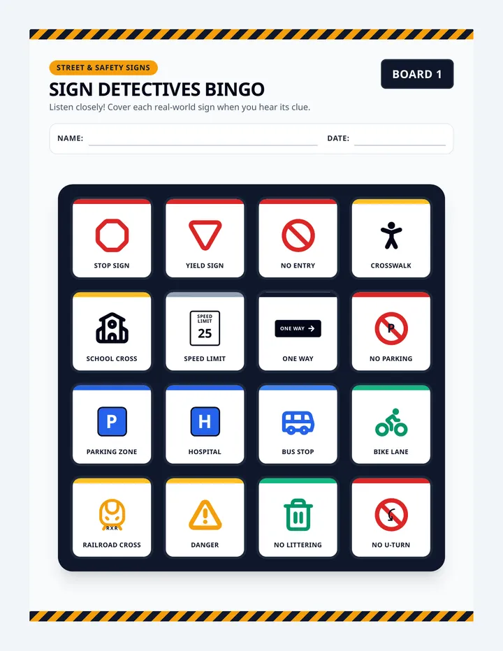 Sign Detectives Bingo Boards