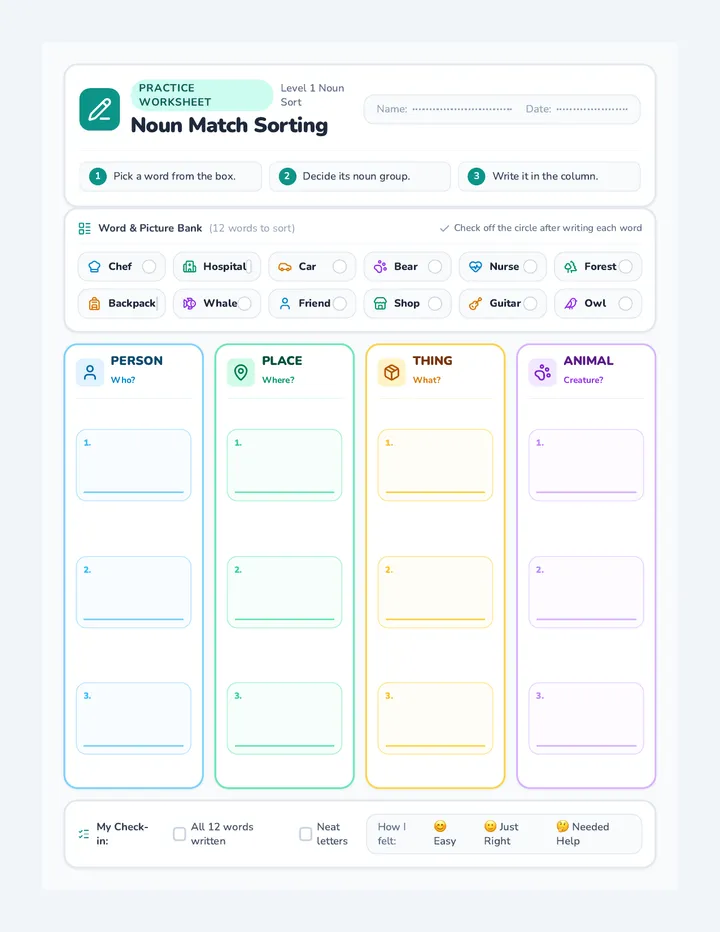 Noun Match Sorting Worksheet