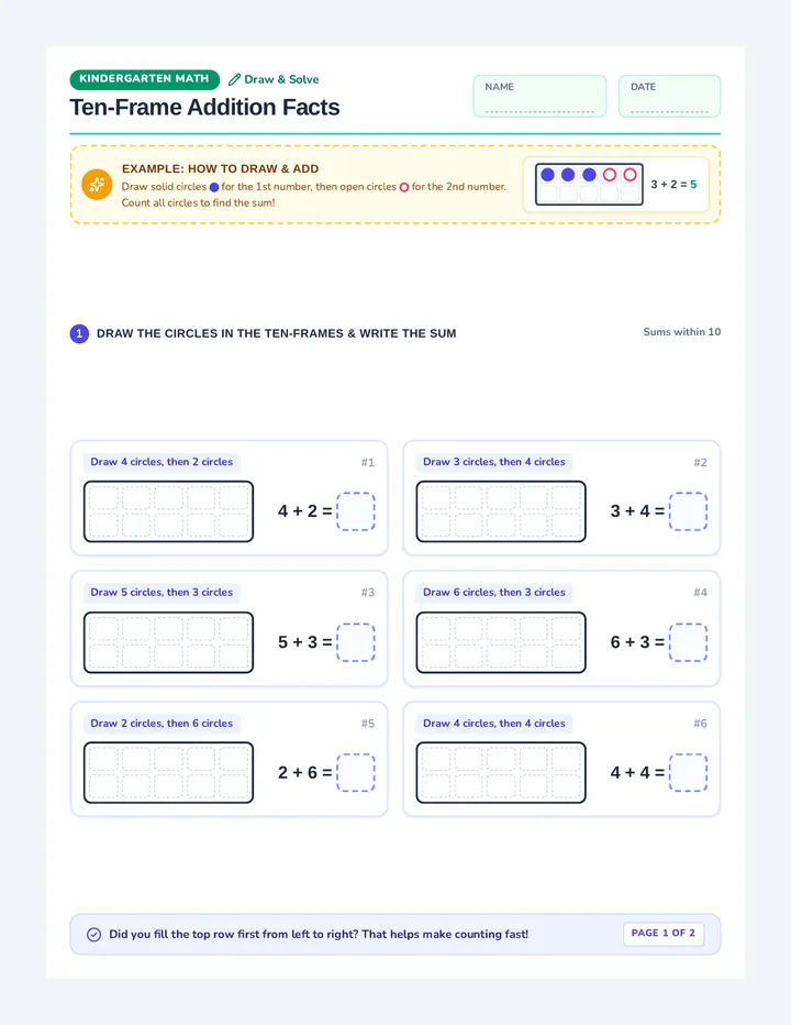 Ten Frame Addition Worksheet