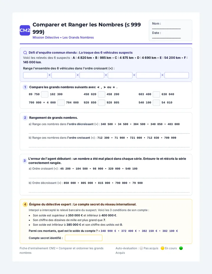 Comparer Nombres Fiche CM2