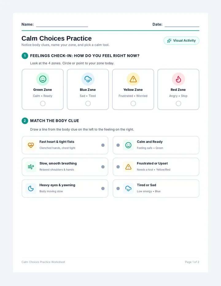 Calm Choices Practice Worksheet