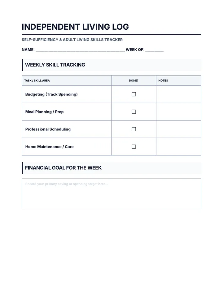 Independent Living Log Worksheet