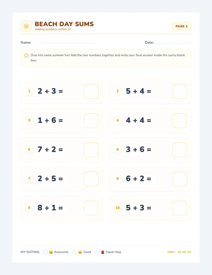 Sunny Sums Worksheets