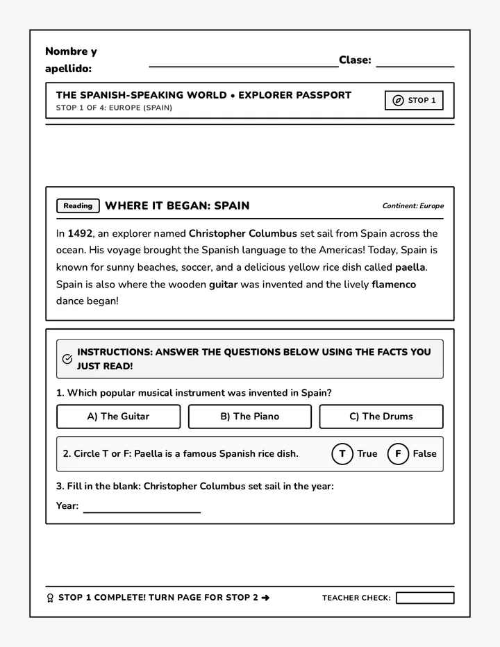 Spanish World Integrated Worksheet