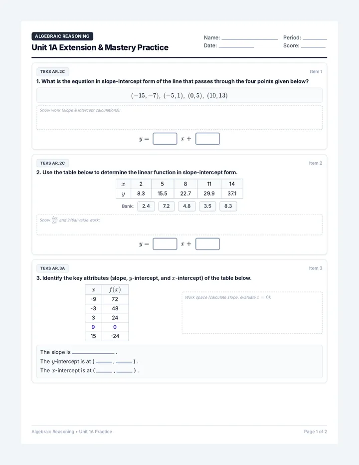 Algebraic Reasoning 1A Practice Worksheet