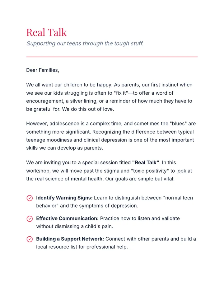 Real Talk Parent Letter