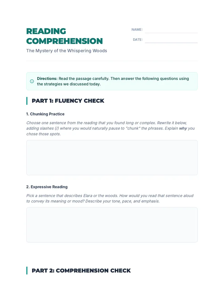 Reading Comprehension Worksheet