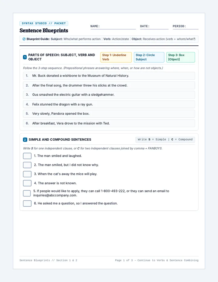 Sentence Blueprints Worksheet