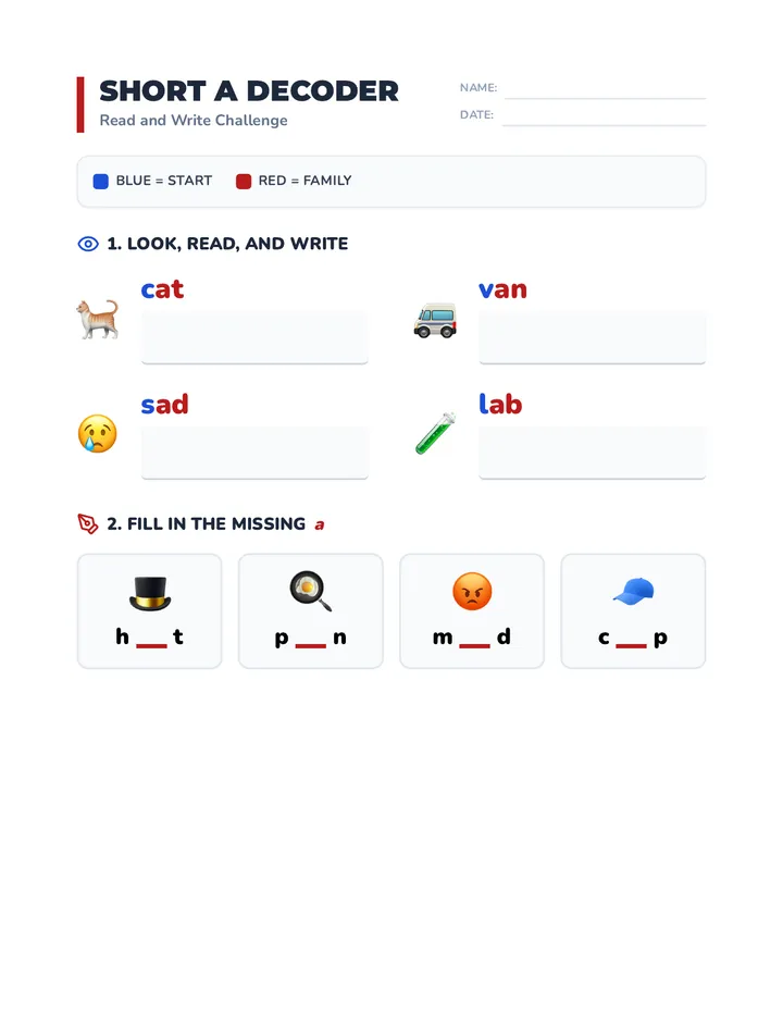 Short a Decoding Worksheet