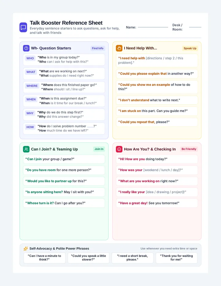 Talk Booster Reference Sheet