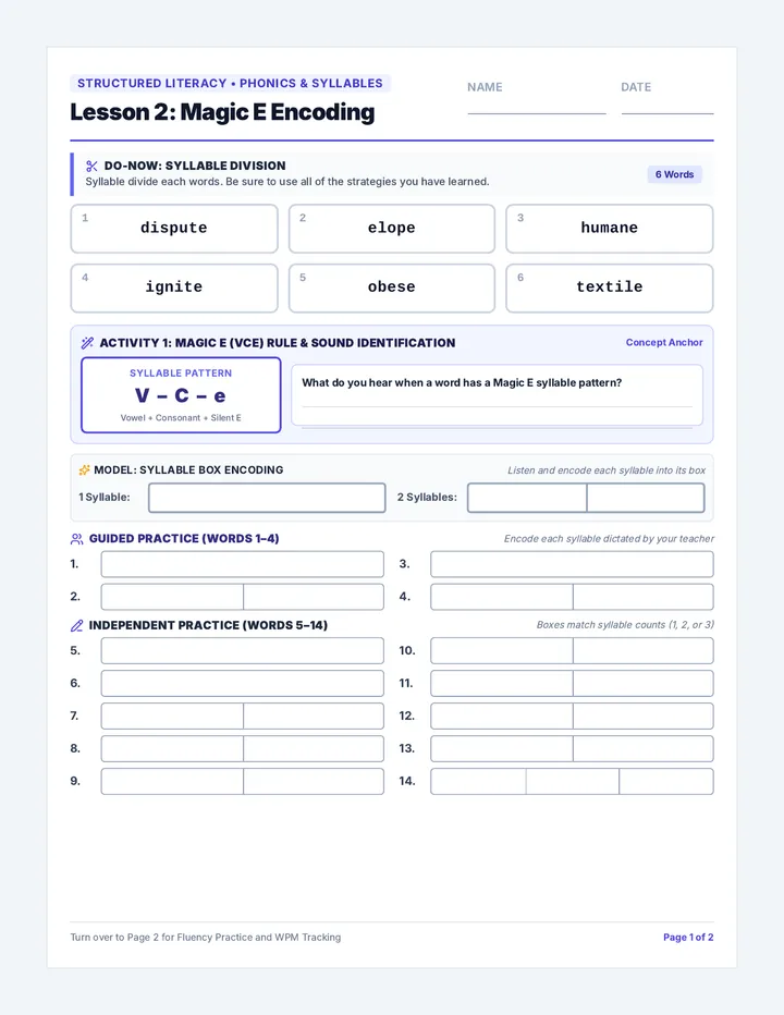 Magic E Encoding Worksheet