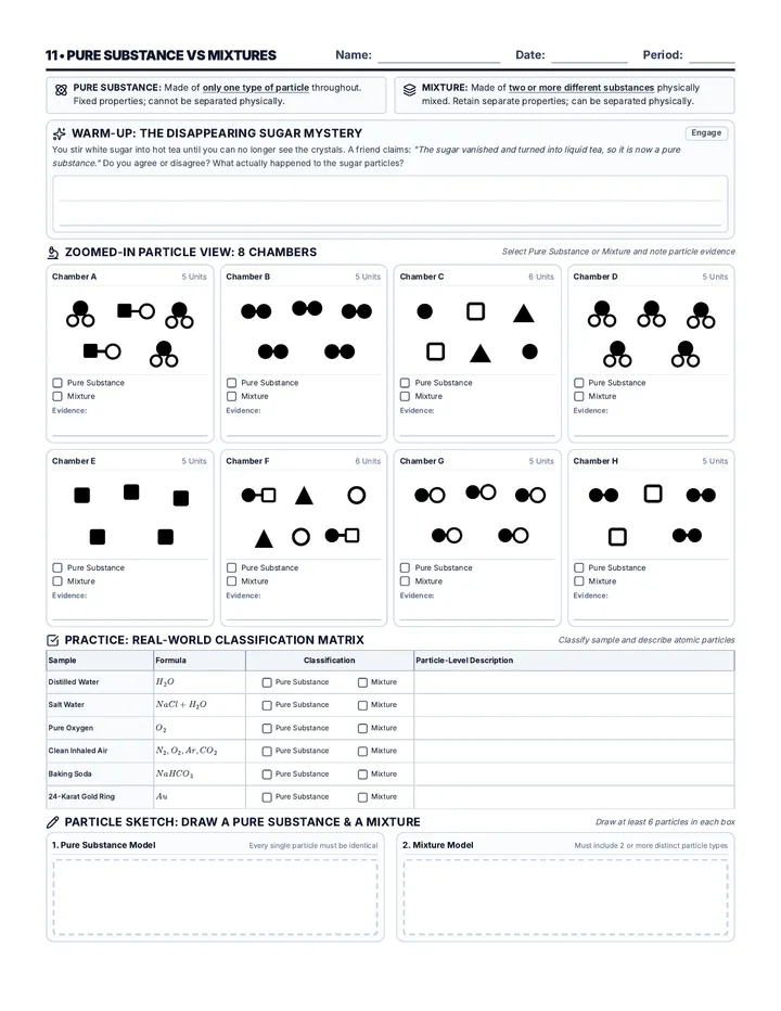 Pure Substance vs Mixtures Worksheet