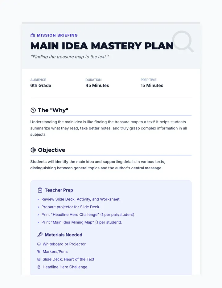 Main Idea Mastery Plan Lesson Plan