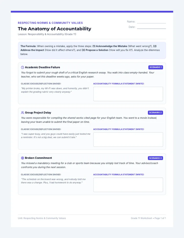 Responsibility and Accountability Practice Worksheet