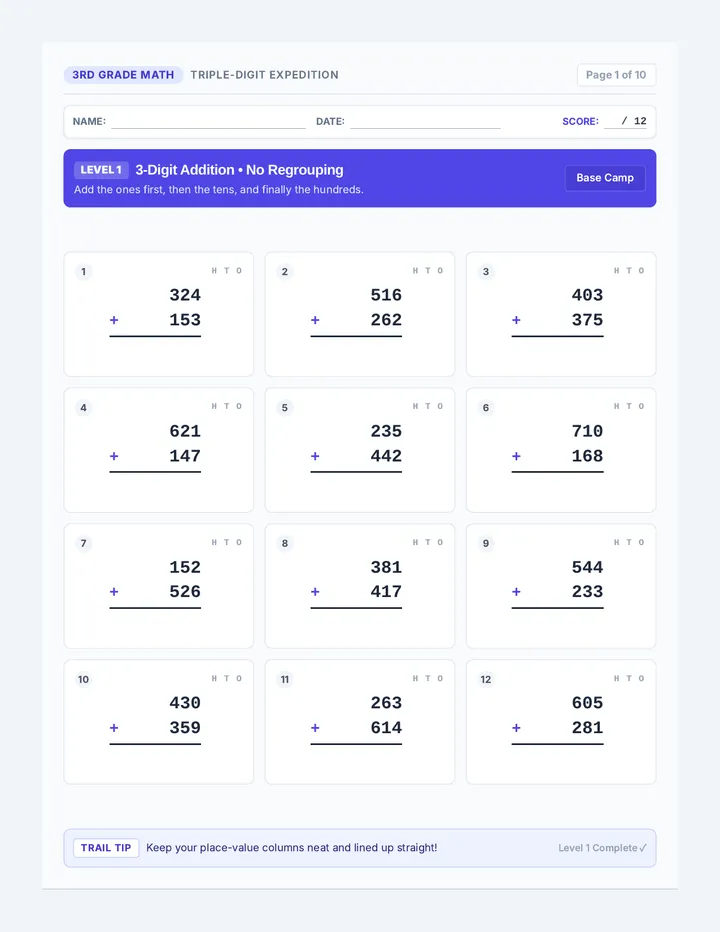 Triple Digit Trek Worksheets