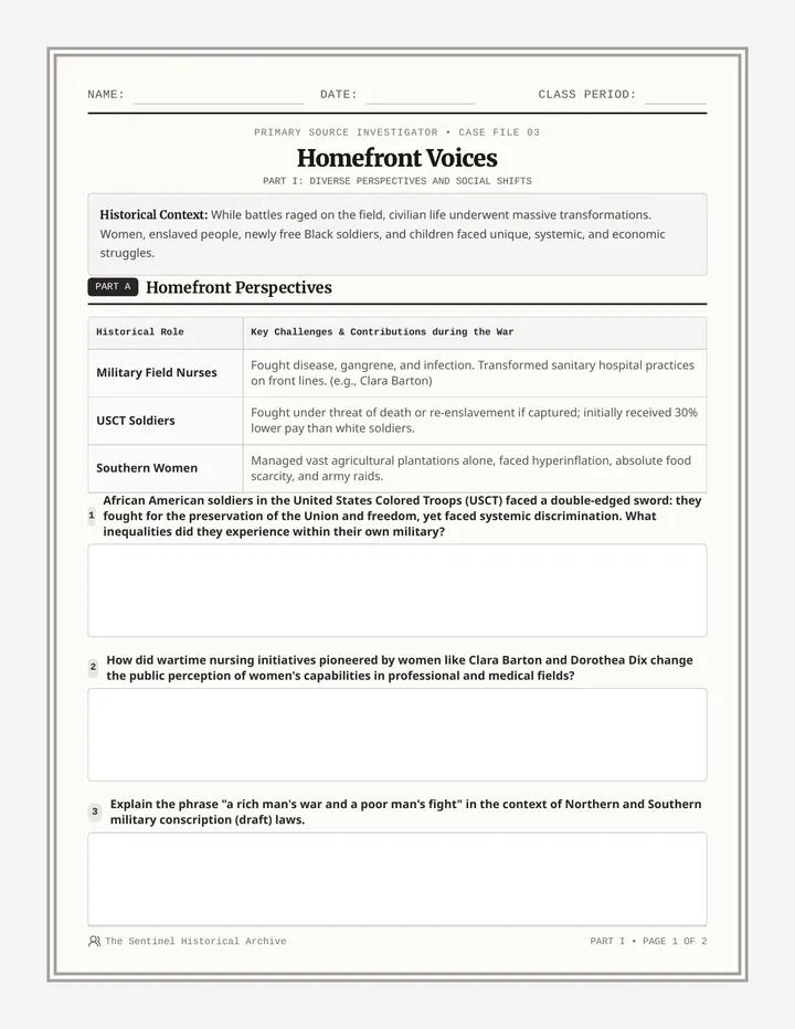Homefront Voices Worksheet
