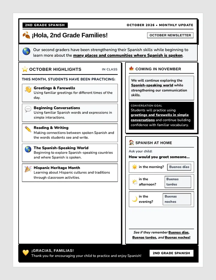 Second Grade Spanish October Newsletter