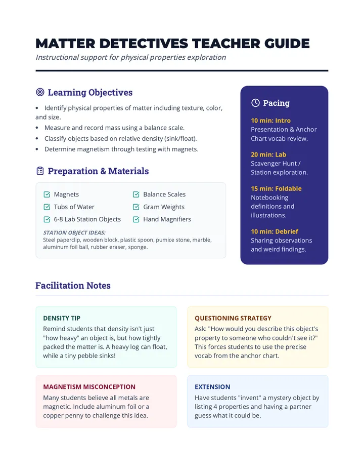 Matter Detectives Teacher Guide Sheet