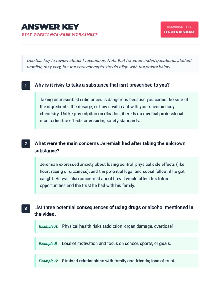 Stay Substance Free Worksheet Answer Key