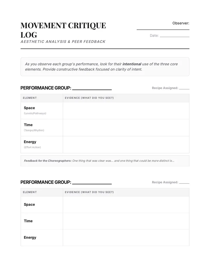 Performance Critique Worksheet