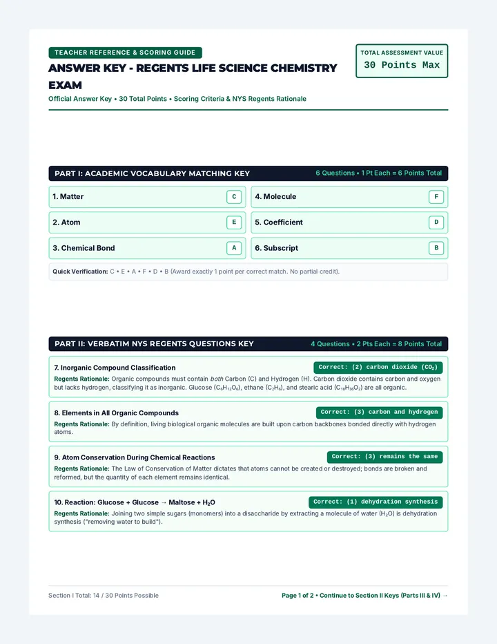 Answer Key - Regents Life Science Chemistry Exam