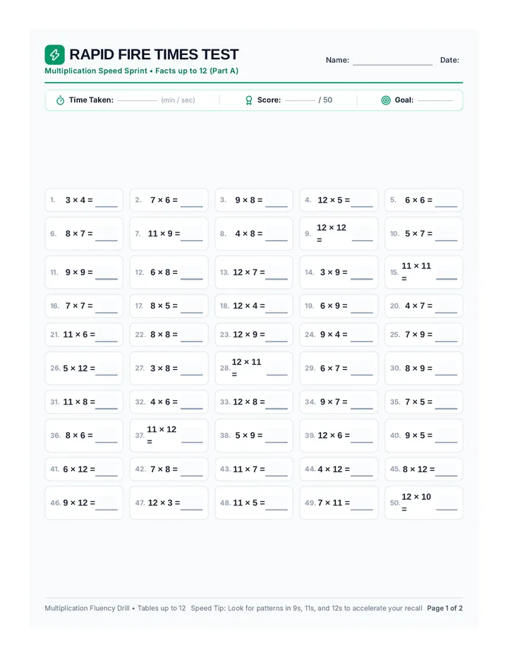 Rapid Fire Times Worksheet