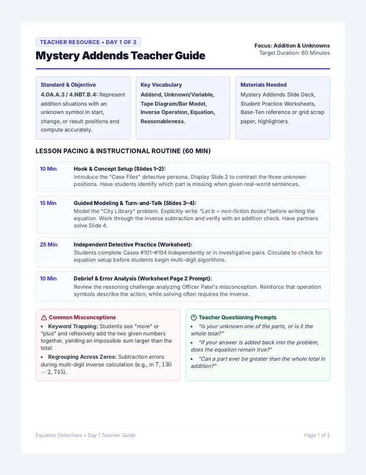 Mystery Addends Teacher Guide