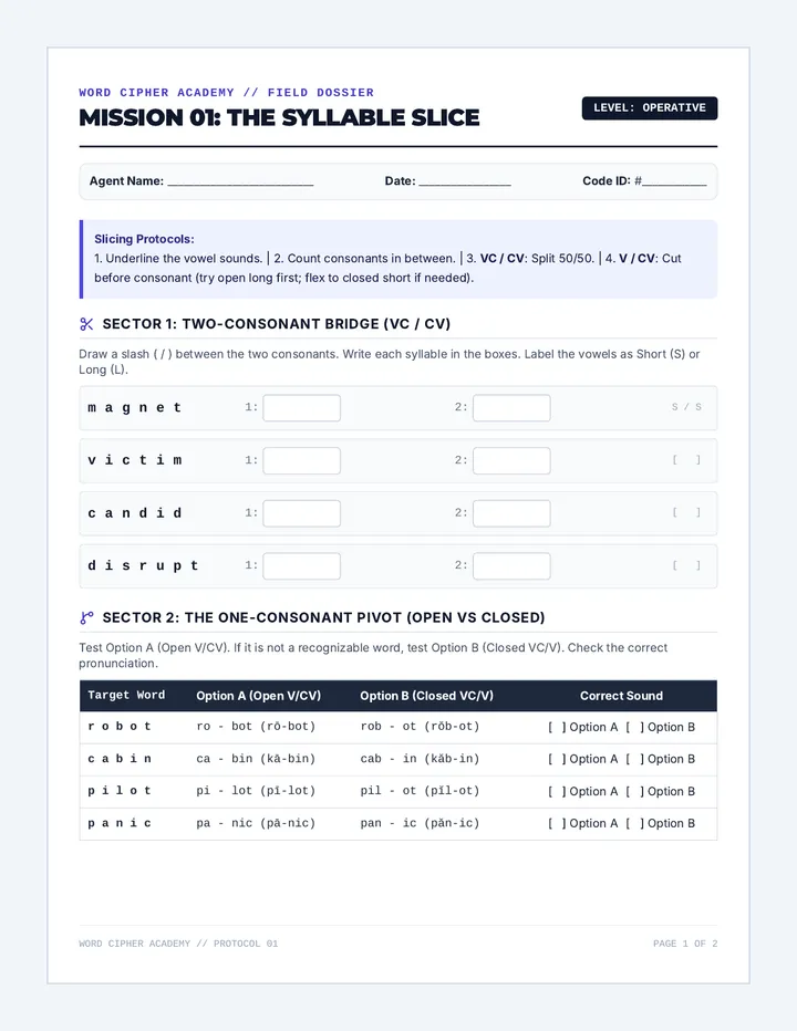 Syllable Division Mission Worksheet