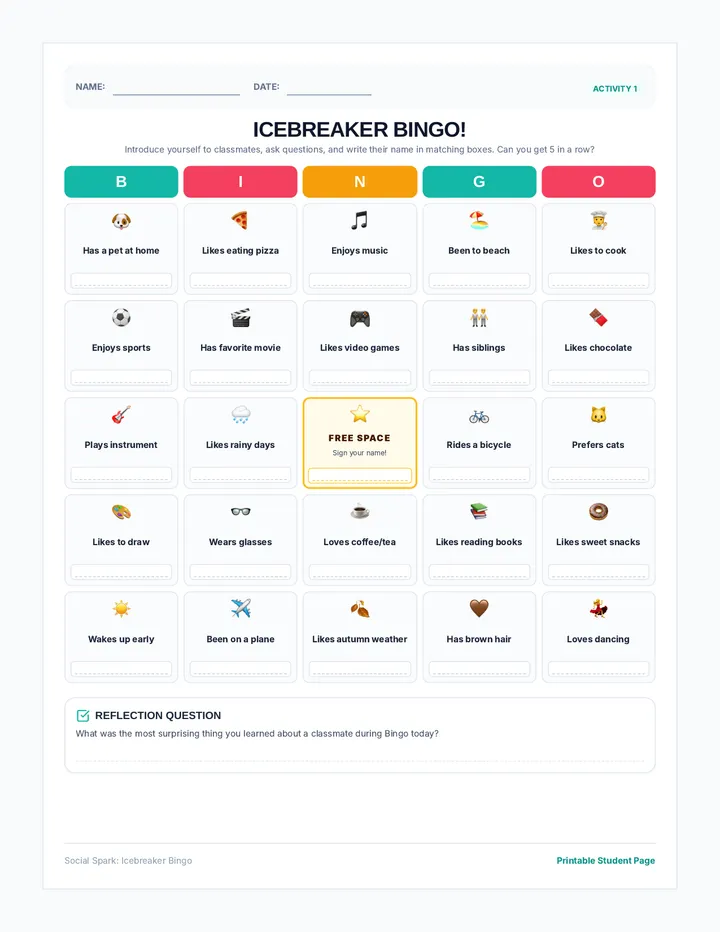 Icebreaker Bingo Worksheet