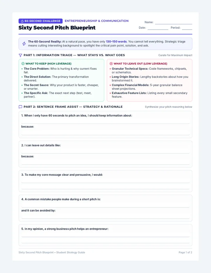 Sixty Second Pitch Worksheet