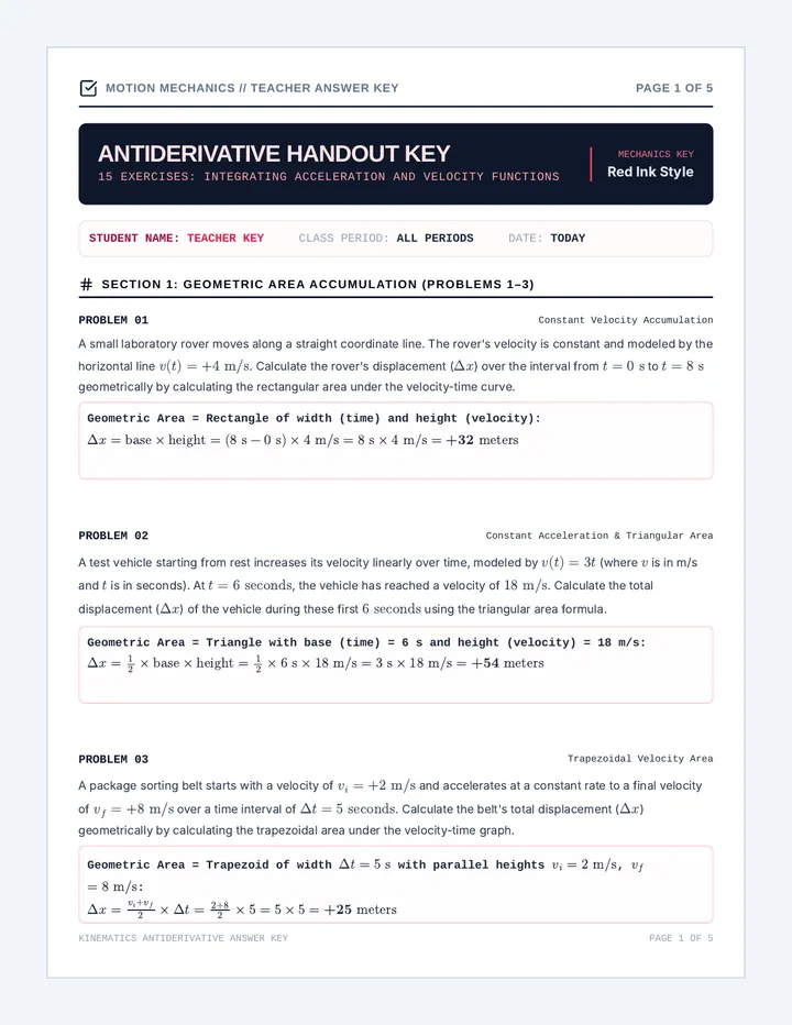 Kinematics Antiderivative Practice Handout Answer Key