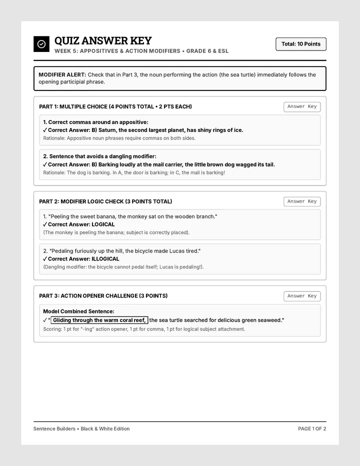 Syntactic Mastery Quiz Key