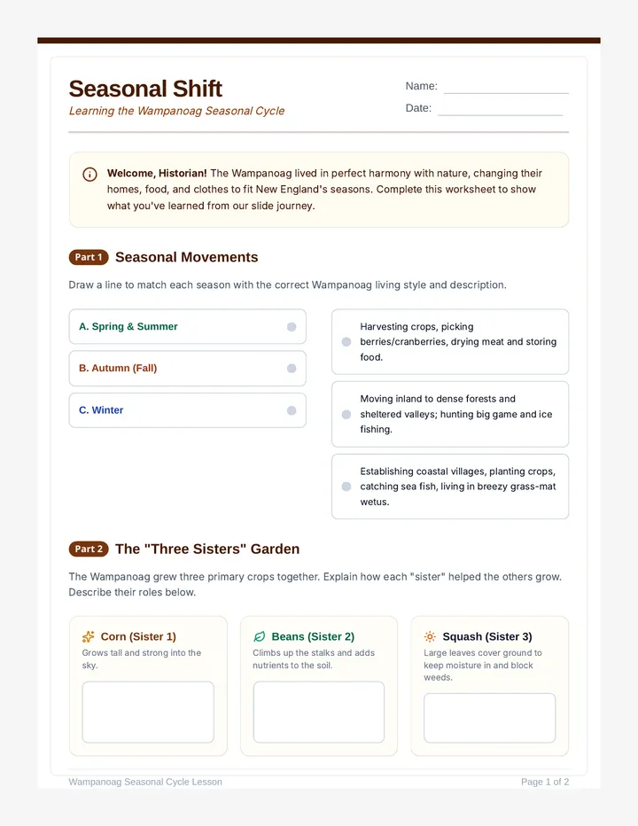Seasonal Shift Worksheet