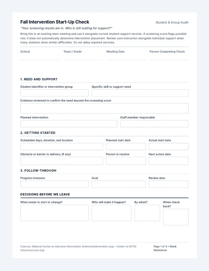 Intervention Start-Up Worksheet