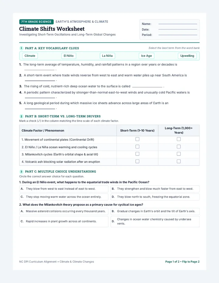 Climate Shifts Worksheet