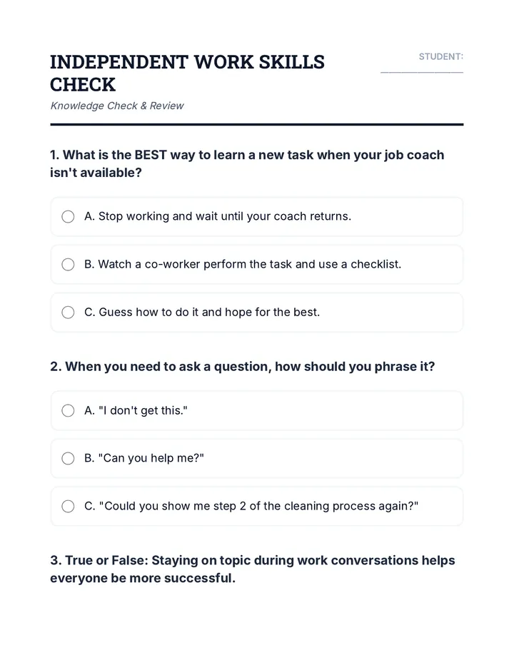Independent Work Skills Quiz