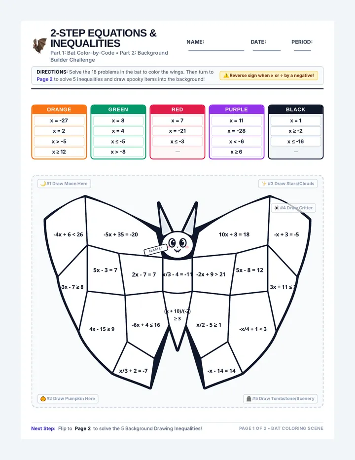Bat Math Color Worksheet