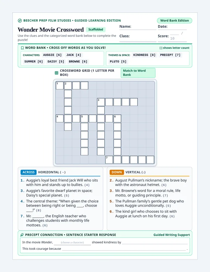 Wonder Scaffolded Crossword Worksheet