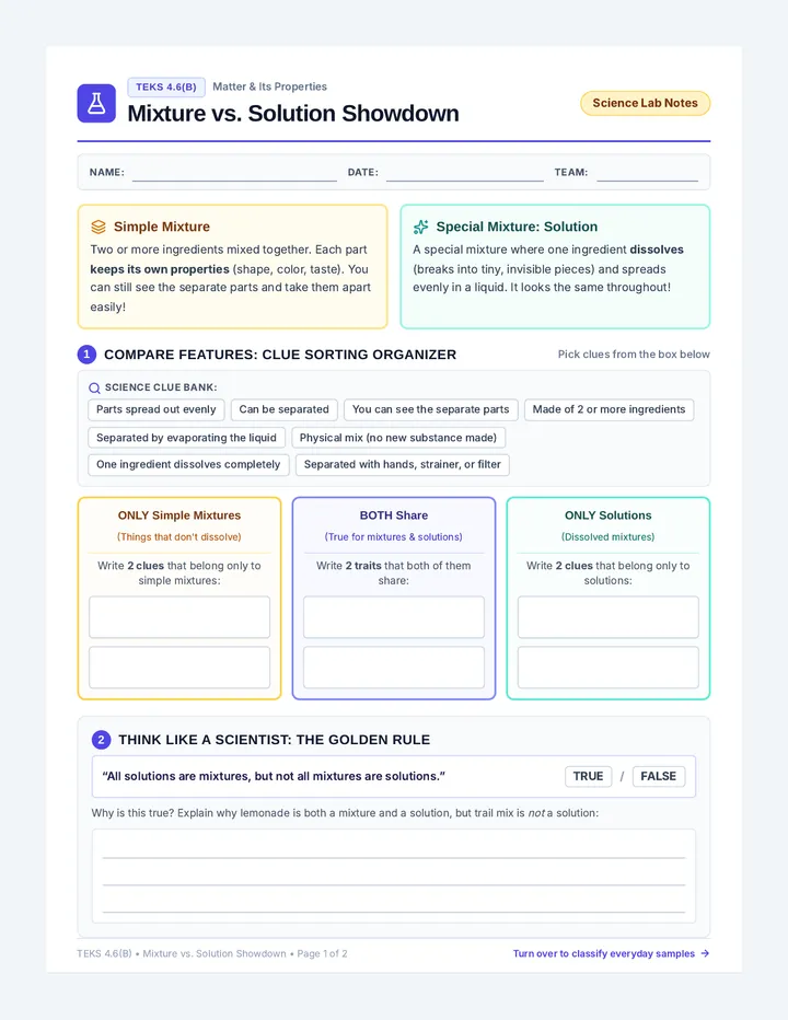 Mixture Showdown Worksheet