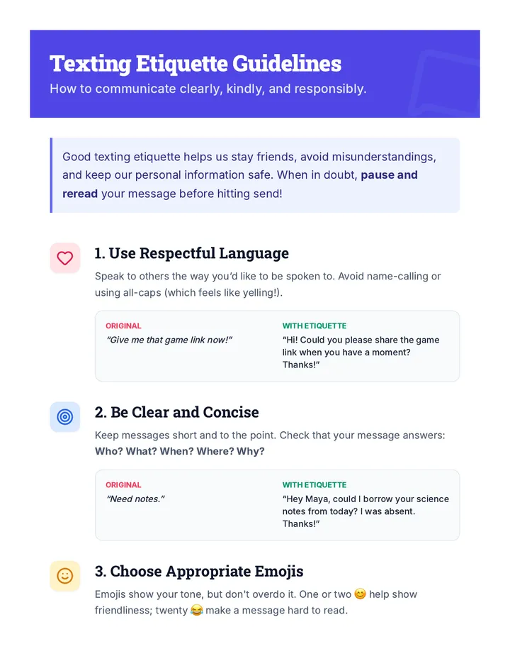 Texting Etiquette Guidelines Handout