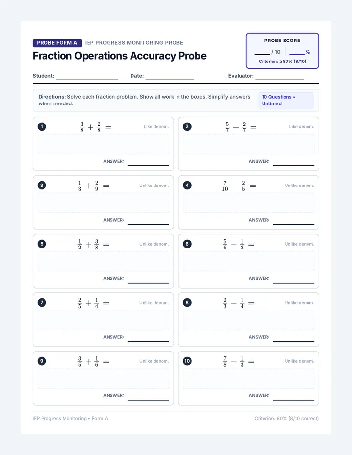 Fraction Mastery Progress Probes