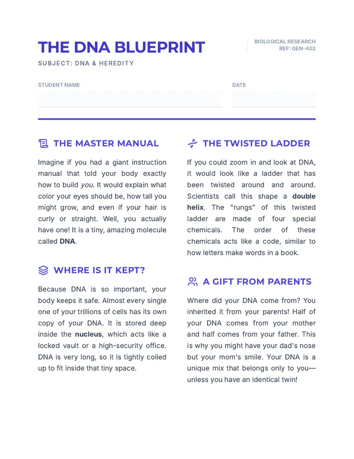 DNA Blueprint Reading Passage