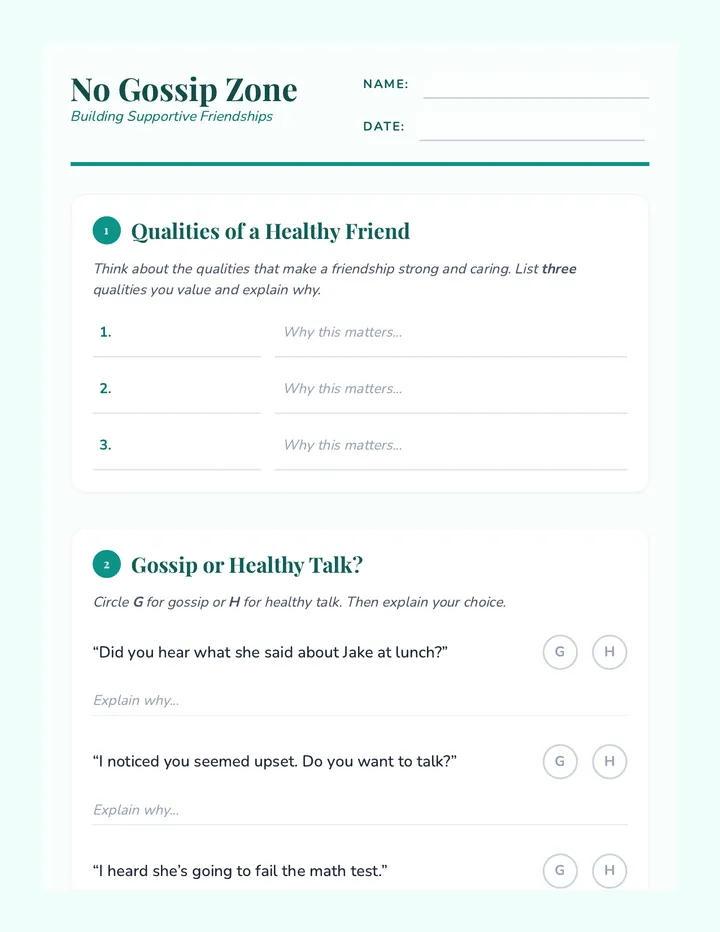 No Gossip Zone Worksheet